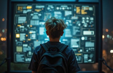 Young person with backpack faces large screen displaying complex data grids and charts. Student learns about big data analysis and system management. Future coder studies futuristic interface.