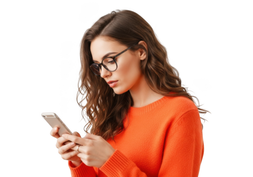Young woman wearing glasses and an orange sweater texting on her smartphone isolated on transparent background