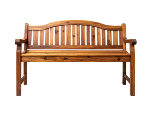 Wooden bench, curved back, armrests. Isolated object