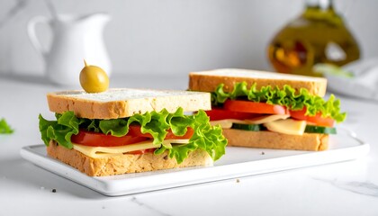 A close-up shot of two sandwiches, each filled with fresh lettuce, tomato, cheese and cucumber slices. One is topped with an olive