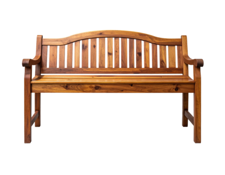 Wooden bench, curved back, armrests. Isolated object