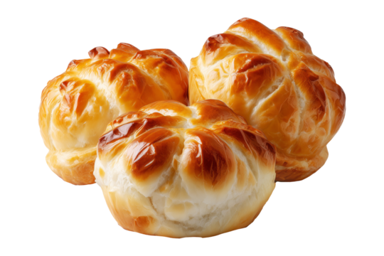 Panipopo sweet rolls baked in coconut milk with golden crust isolated on white transparent background, concept of bakery and food freshness