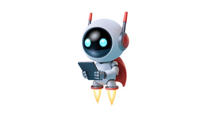 Cute futuristic cartoon robot flying with a tablet device.