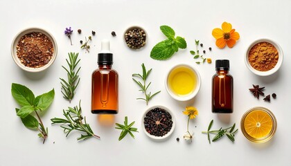Assorted Plant Essential Oils And Herbal Extracts In Amber Bottles On White Background With Leaves