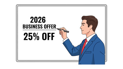Business Offer: A business person, carefully writes a special promotion offer on a white board. The offer of 2026 Business Offer 25% OFF
