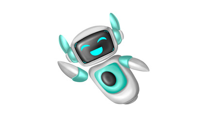 Cute friendly cartoon robot character flying happily.