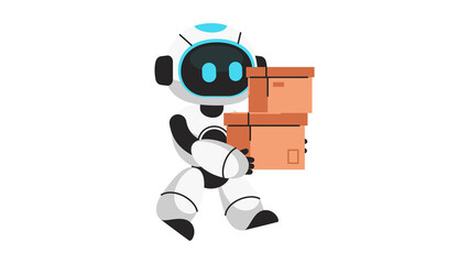 Futuristic white robot carrying a stack of cardboard delivery boxes.