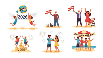 New Year Festivities 2026: A vibrant and diverse set of illustrations depicting joyful celebrations, beach scenes, and festive activities to ring in the new year. 