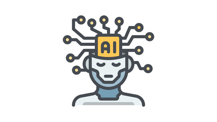 Humanoid Robot Head with an AI Microchip Circuit Board Brain.