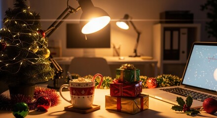 Cozy Christmas decorated home office desk with laptop, hot chocolate, and festive presents under warm desk lamps