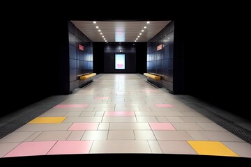 A long, brightly lit corridor in a modern subway station features a patterned floor with pink and yellow tiles, yellow benches, and a digital display at the far