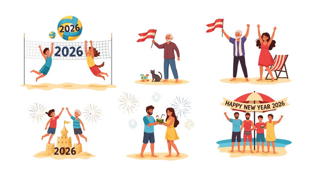 New Year Festivities 2026: A vibrant and diverse set of illustrations depicting joyful celebrations, beach scenes, and festive activities to ring in the new year. 