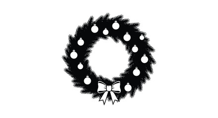 Festive black silhouette of a christmas wreath with ornaments and a bow