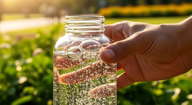 Refreshing sparkling water in glass bottle held in hand outdoors, perfect for healthy lifestyle and wellness campaign imagery with natural green backdrop