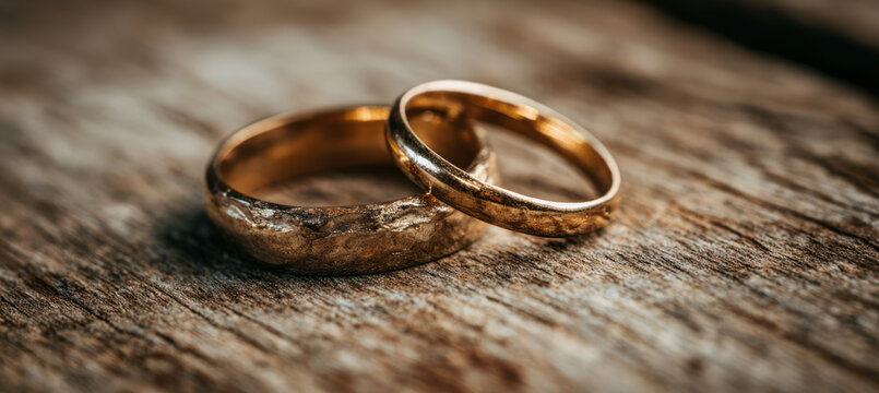 Rustic gold wedding ring pair wood love closeup vintage texture marriage