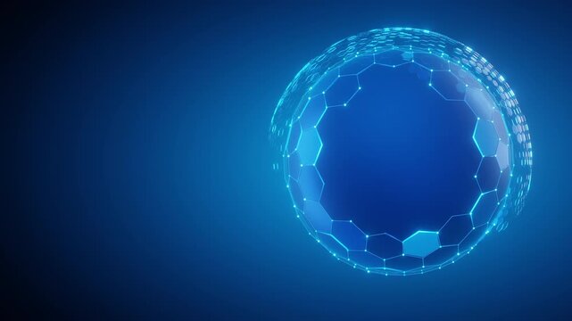 Abstract blue sphere hexagonal grid digital network protection. Cybersecurity data safety, global communication, technology concept. Ideal for healthcare, insurance, tech themes, innovation.