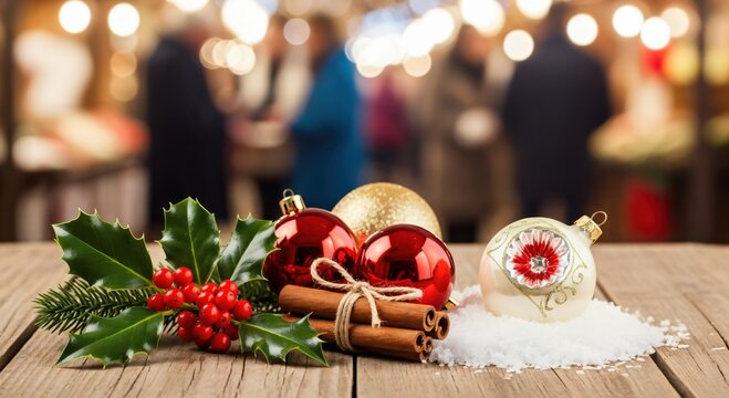 Festive Christmas decorations with traditional red baubles, holly, and cinnamon sticks on a rustic wooden table, set against a blurred holiday market background with bokeh lights.