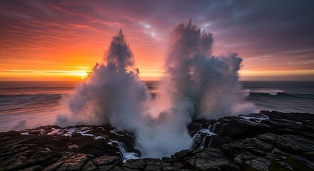 Dramatic coastal sunrise with powerful waves crashing against rocky cliffs, creating a stunning seascape perfect for travel and adventure themes