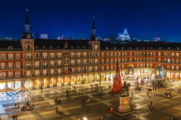 Night view of Mayor Plaza, main square, in Madrid, the capital of Spain