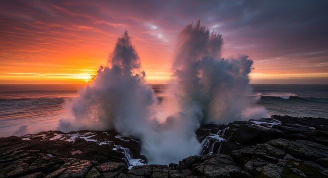 Dramatic coastal sunrise with powerful waves crashing against rocky cliffs, creating a stunning seascape perfect for travel and adventure themes