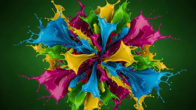 Colorful paint splashes exploding in a symmetrical pattern against green background