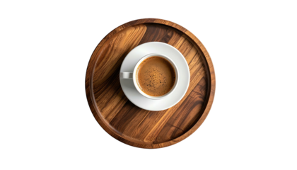 Coffee in white cup sits on round wooden tray