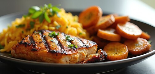 Juicy grilled chicken breast with fluffy rice and fried plantain slices. Served on dark plate with fresh green garnish. Delicious, flavorful, hearty meal.