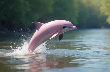 Pink river dolphin leaps from water surface creating splashes. Aquatic mammal jumps gracefully in lush green trees and calm river reflecting bright sunlight.