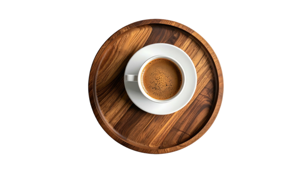 Coffee in white cup sits on round wooden tray