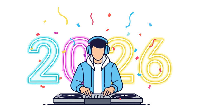 DJ Performing 2026 Party: A vibrant and modern illustration showcases a DJ in action.