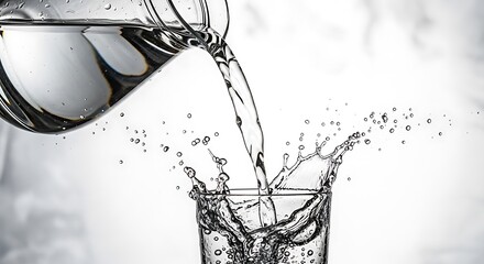 Crisp pure water pouring from pitcher into glass with dynamic splash, perfect for health, hydration, and refreshment concepts in advertising