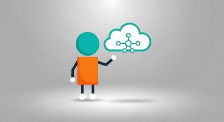 Modern technology concept showing a figure presenting a cloud with network connections, symbolizing data storage and connectivity in a clean, abstract design