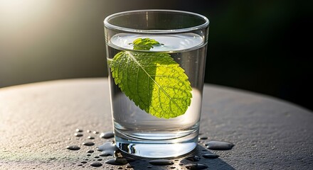 Refreshing glass of pure water with a vibrant mint leaf floating inside, capturing a moment of serene wellness and healthy hydration in natural sunlight