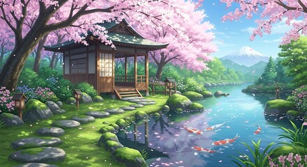 Serene Japanese Garden with Cherry Blossoms and Tranquil Pond.