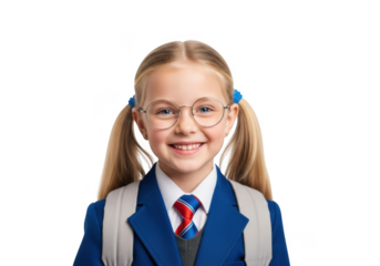 Smiling young schoolgirl with blonde pigtails wearing glasses and a blue uniform with a red tie isolated on transparent background