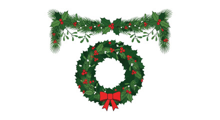 Festive christmas wreath and garland decorated with red berries and a red bow