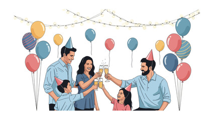 Celebratory Toast: A cheerful family, adorned in festive attire, raises their glasses in a joyous toast, enveloped by the celebratory ambiance of balloons and string lights.