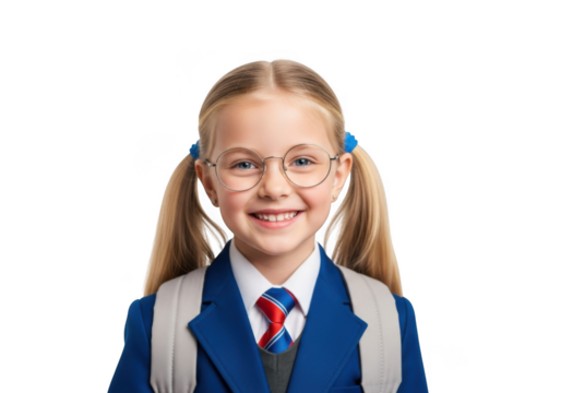 Smiling young schoolgirl with blonde pigtails wearing glasses and a blue uniform with a red tie isolated on transparent background - Powered by Adobe