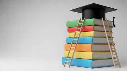 Education Success Concept with Stack of Books, Ladders, and Graduation Cap – Knowledge and Achievement Symbol