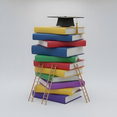 Education Success Concept with Stack of Books, Ladders, and Graduation Cap – Knowledge and Achievement Symbol
