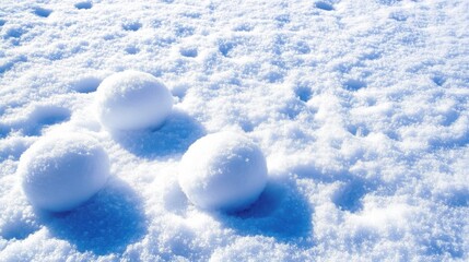 Three snowballs on sparkling white snow, casting shadows under bright winter sun