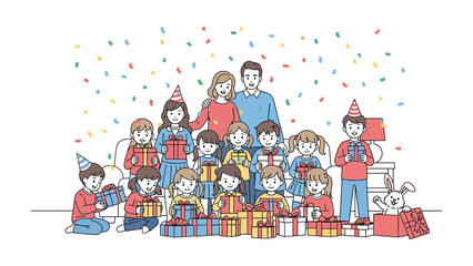 Family Celebration of Birthday: A heartwarming scene unfolds as a large family gathers for a birthday celebration, surrounded by colorful confetti and a collection of presents, representing happiness.