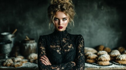 Female baker in Bakery. Bake. Cookies.	