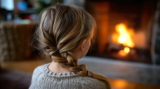 Faceless close-up of cozy winter scene &mdash; child&rsquo;s hair braid in focus, blurred fireplace background adding warmth, with copy space.