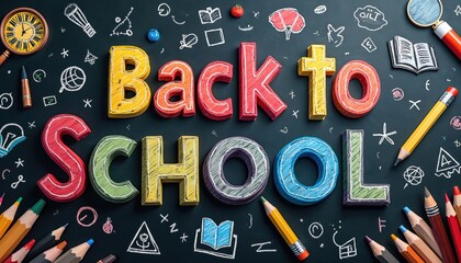 Bright colorful Back to School banner text on blackboard background with pencils and school supplies. Education concept design with lettering and doodles on dark backdrop.