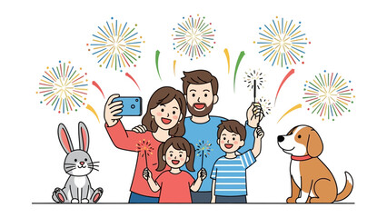 Family's Festive Celebration: A cheerful family, complete with a playful pet dog and a curious rabbit, are illuminated by the vibrant hues of fireworks and sparklers.