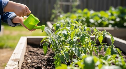 Child nurturing vibrant tomato plants in raised garden bed with bright green watering can on a sunny day, fostering growth and teaching responsibility