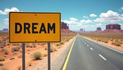 Yellow sign reads DREAM on desert highway. Vast landscape stretches toward distant mountains under clear blue sky. This image symbolizes aspiration, pursuit of goals, representing travel, adventure.
