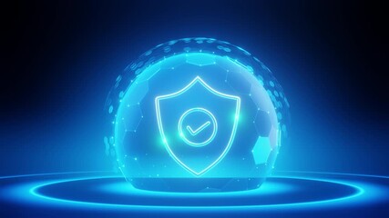 Glowing blue shield with checkmark inside digital sphere, hexagonal grid. Represents cybersecurity, data protection, network safety, secure healthcare, insurance concept. Technology, privacy - Powered by Adobe