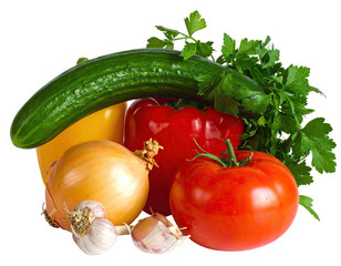 Colorful veggie group onion, tomato, pepper, cucumber, herbs
